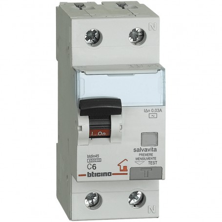 Bticino GC8813AC6 Interruttore magnetotermico differenziale 6A, 2 Moduli DIN, 1 Polo+N, IP20, 4.5 kA, MADE IN ITALY