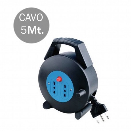 V-TAC 8700 Prolunga Avvolgicavo 5 metri con 2 Prese Bipasso 10/16A, Spina 16A, Protezione termica, Carico max 2200W