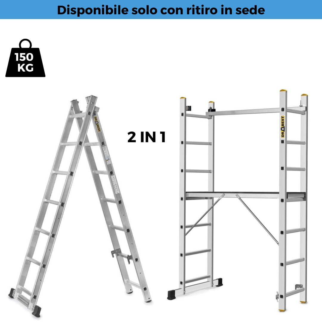 Scala Trabattello in alluminio 7 gradini Drabest DUBASIC150, 150 Kg,  Piattaforma 46x150 cm, MADE IN UE