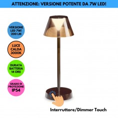 Ideal Lux Lolita TL1 Coffee Lampada da tavolo Ricaricabile, IP54 , 7W LED, Luce calda, Autonomia 14 ore, Dimmerabile