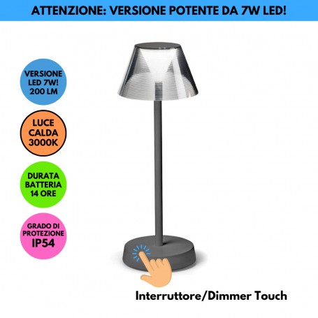 Ideal Lux Lolita TL1 Grigio Lampada da tavolo Ricaricabile, IP54 , 3W LED, Luce calda, Autonomia 14 ore, Dimmerabile