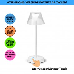 Ideal Lux Lolita TL1 Bianca Lampada da tavolo Ricaricabile, IP54 , 7W LED, Luce calda, Autonomia 14 ore, Dimmerabile