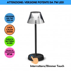 Ideal Lux Lolita TL1 Nera Lampada da tavolo Ricaricabile, IP54 , 7W LED, Luce calda, Autonomia 14 ore, Dimmerabile