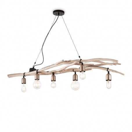 Sospensione Ideal Lux Driftwood SP6 in legno naturale, 6 E27, Portalampade in ottone spazzolato