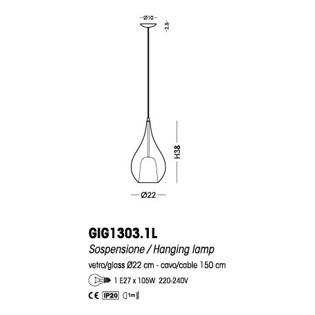 Sospensione Cangini&Tucci Zoe GIG1303.1L con vetro di murano ambra|E27|MADE IN ITALY|Coppolav.it: Sospensione