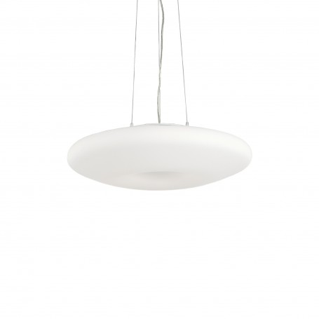 Sospensione Ideal Lux Glory SP3 D40 con diffusore in vetro soffiato, Bianca, 3 E27, Struttura in metallo nickel, Diametro 400 mm