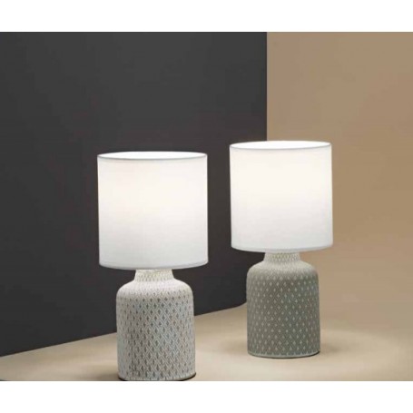 Lampada da tavolo o comodino con base in ceramica bianca e finiture in  rilievo Perenz 6694B, 1 E14, Paralume in tessuto bianco