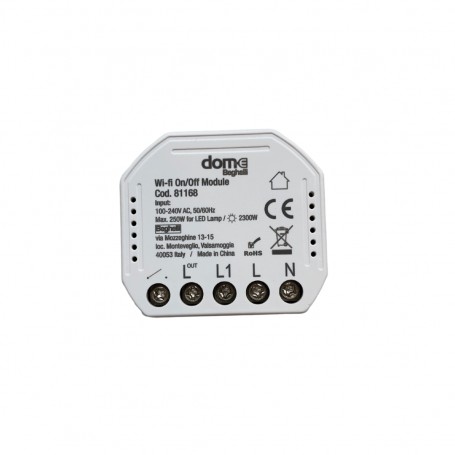 Beghelli Dome 81168 Modulo attuatore Wi-Fi ON-OFF, Smart con App Beghelli DOME, Uscita relè, Massimo 250W Lampadine LED, IP20