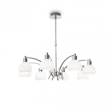 Sospensione Ideal Lux Tokyo SP8 con struttura in metallo cromo lucido, 8 E14, Vetro soffiato bianco, Regolabile in altezza